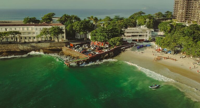 A stunning aerial view of Copacabana's coastline in Rio de Janeiro, showcasing the beach and lush greenery.