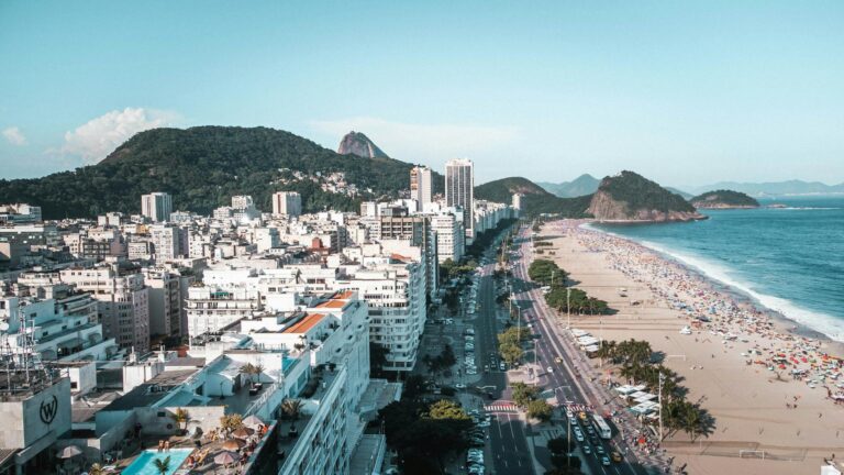 A breathtaking aerial shot of Copacabana Beach, Rio de Janeiro, showcasing vibrant city life and natural beauty.