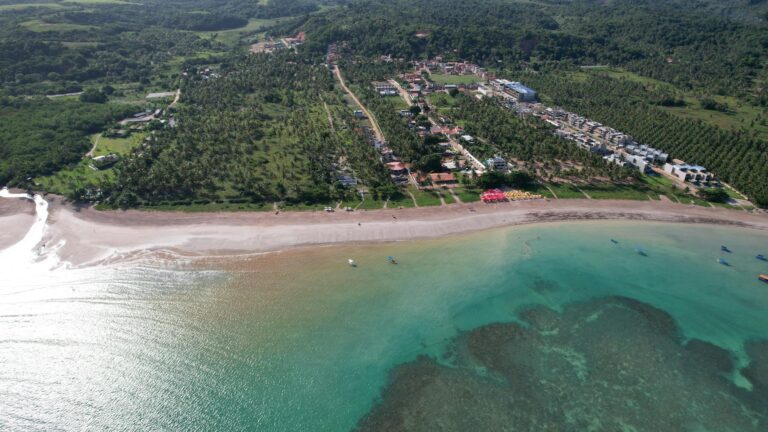 Drone shot of São Miguel dos Milagres beach and lush greenery on a sunny day.