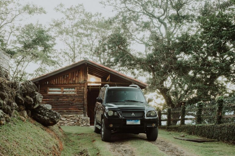 A black Mitsubishi SUV parked outside a wooden cabin surrounded by lush greenery.